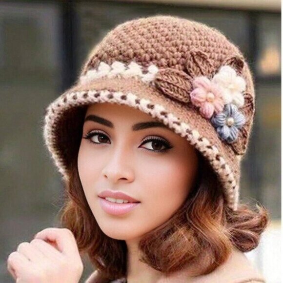 Flower Crochet Bucket Hat Brown - Picture 1 of 4